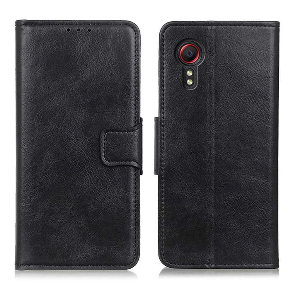 Folio Flip Wallet Design Crazy Horse Texture PU Leather Stand Protector Cover for Samsung Galaxy Xcover 5 - Black - 1