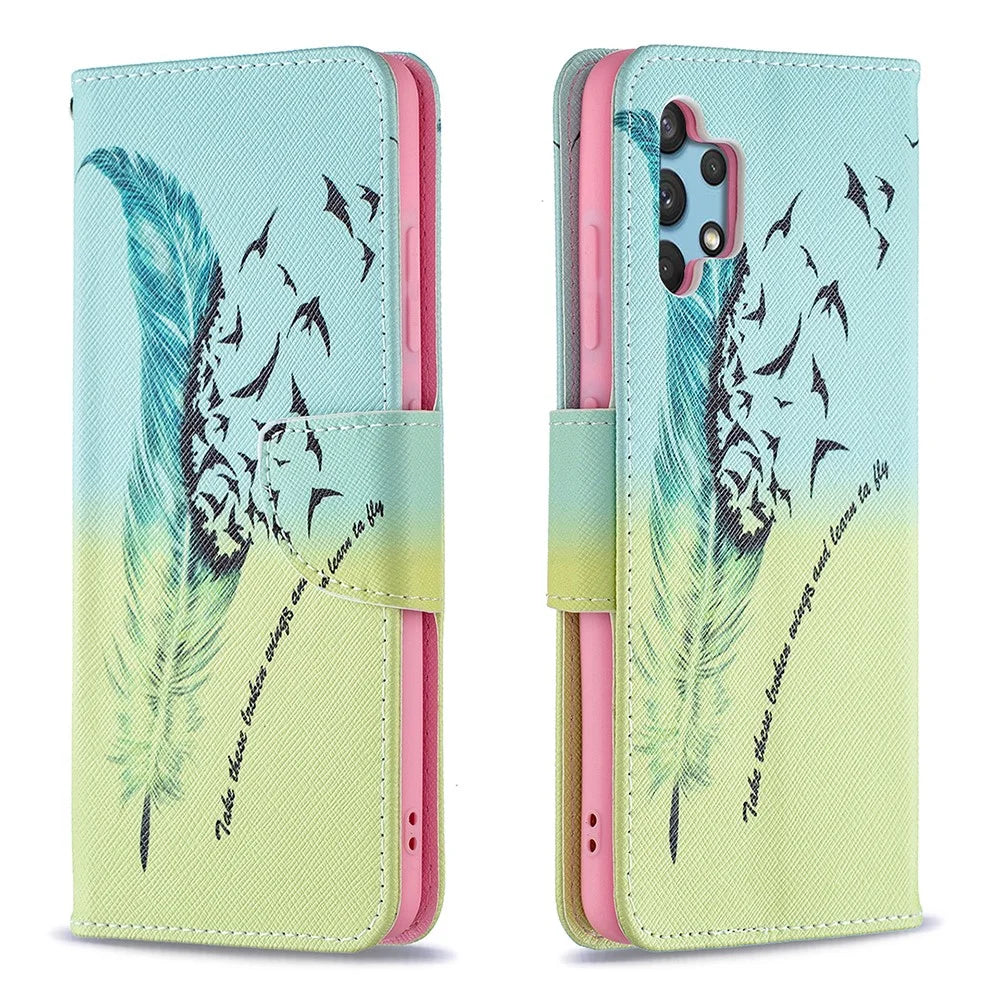 Pattern Printing Leather Wallet Shell Case for Samsung Galaxy A32 4G (EU Version) - Feather Pattern - 1