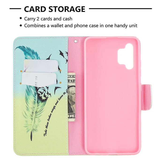 Pattern Printing Leather Wallet Shell Case for Samsung Galaxy A32 4G (EU Version) - Feather Pattern - 3