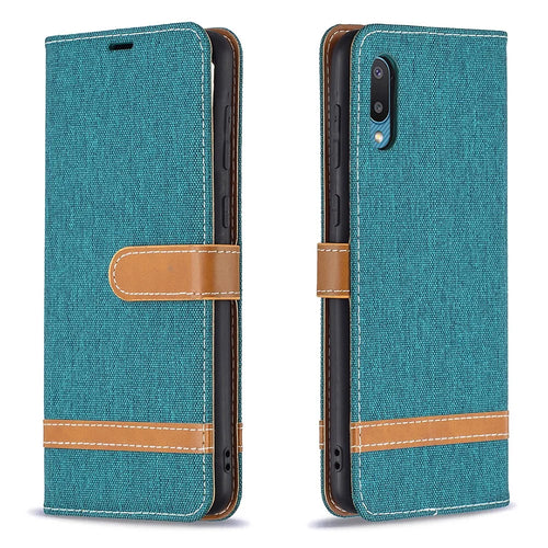 Assorted Color Jeans Cloth Leather Wallet Stand Case for Samsung Galaxy A02 - Green - 1