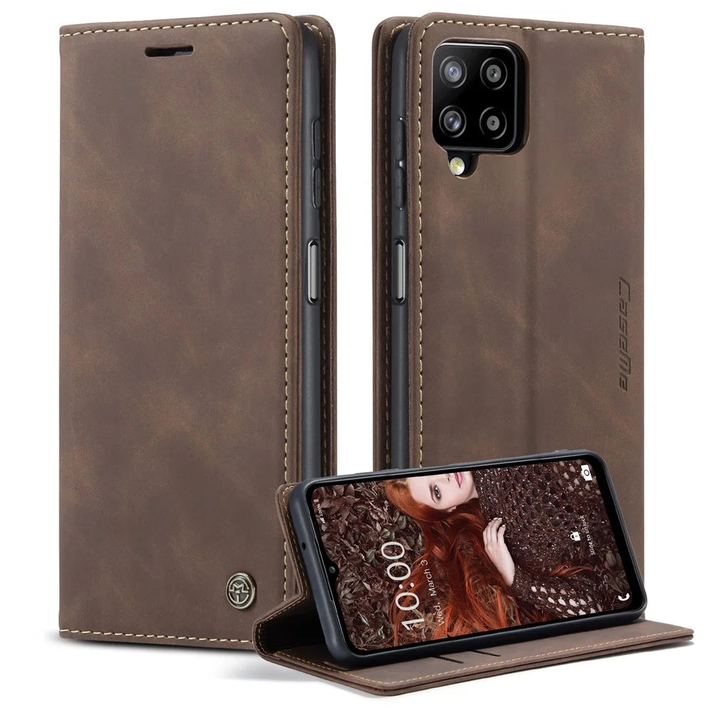 CASEME 013 Series Auto-absorbed Leather Wallet Stand Case Shell for Samsung Galaxy A12 - Coffee - 1