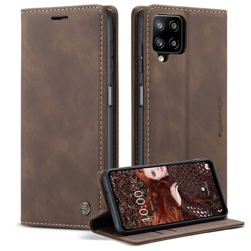 CASEME 013 Series Auto-absorbed Leather Wallet Stand Case Shell for Samsung Galaxy A12 - Coffee - 1