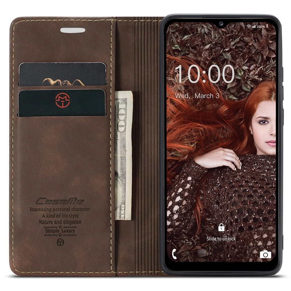 CASEME 013 Series Auto-absorbed Leather Wallet Stand Case Shell for Samsung Galaxy A12 - Coffee - 2