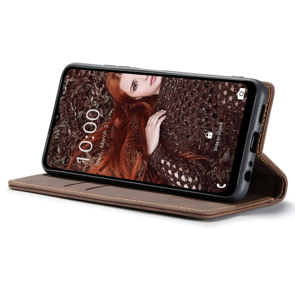 CASEME 013 Series Auto-absorbed Leather Wallet Stand Case Shell for Samsung Galaxy A12 - Coffee - 3