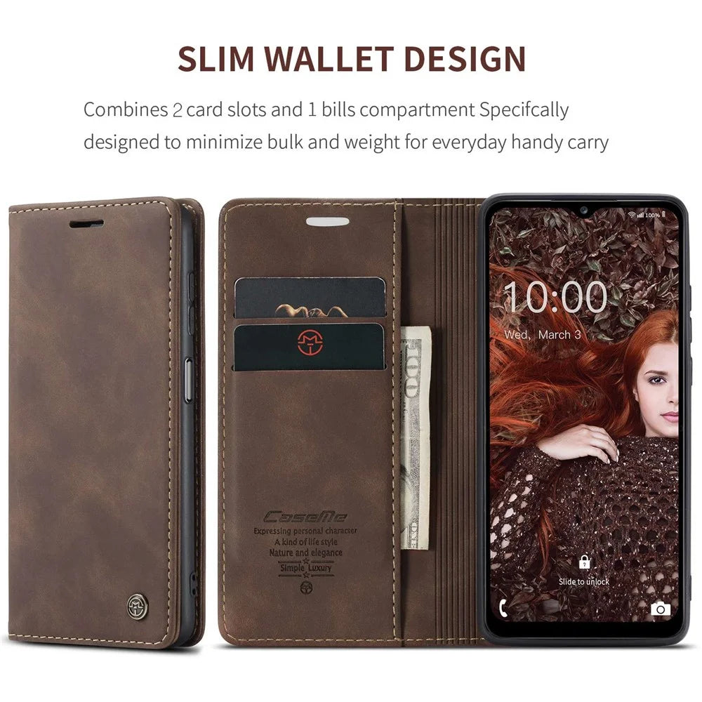 CASEME 013 Series Auto-absorbed Leather Wallet Stand Case Shell for Samsung Galaxy A12 - Coffee - 4