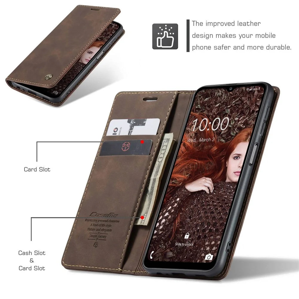 CASEME 013 Series Auto-absorbed Leather Wallet Stand Case Shell for Samsung Galaxy A12 - Coffee - 5