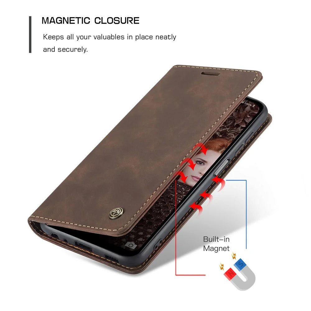 CASEME 013 Series Auto-absorbed Leather Wallet Stand Case Shell for Samsung Galaxy A12 - Coffee - 6