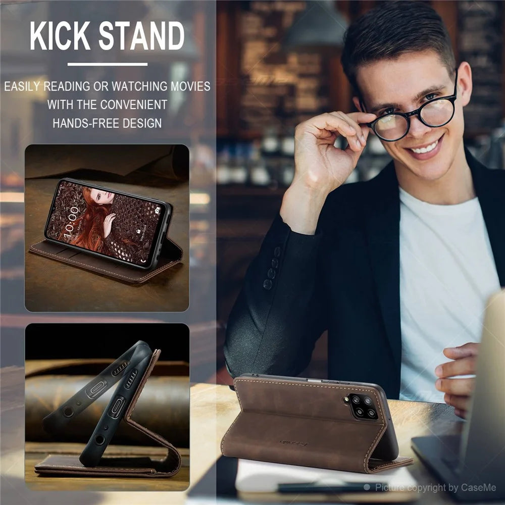CASEME 013 Series Auto-absorbed Leather Wallet Stand Case Shell for Samsung Galaxy A12 - Coffee - 7