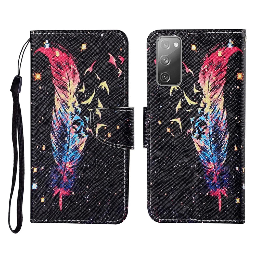 Pattern Printing Wallet Design Phone Cover PU Leather Stand Case with Strap for Samsung Galaxy S20 FE/S20 Fan Edition/S20 FE 5G/S20 Fan Edition 5G/S20 Lite/S20 FE 2022 - Feather - 1