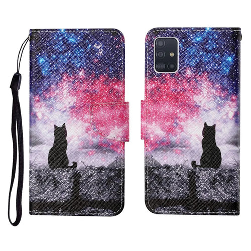 Cross Texture Pattern Printing PU Leather Full Protection Wallet Stand Phone Cover Case for Samsung Galaxy A71 4G SM-A715 - Black Cat - 1