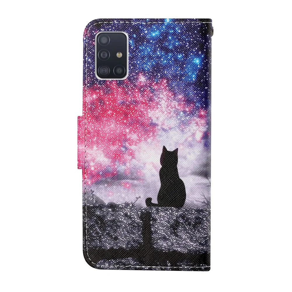 Cross Texture Pattern Printing PU Leather Full Protection Wallet Stand Phone Cover Case for Samsung Galaxy A71 4G SM-A715 - Black Cat - 3