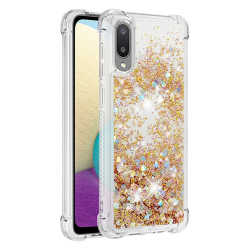 Moving Shiny Quicksand Glitter Reinforced Corners TPU Case for Samsung Galaxy A02 / M02 Phone Cover - Gold Hearts - 1