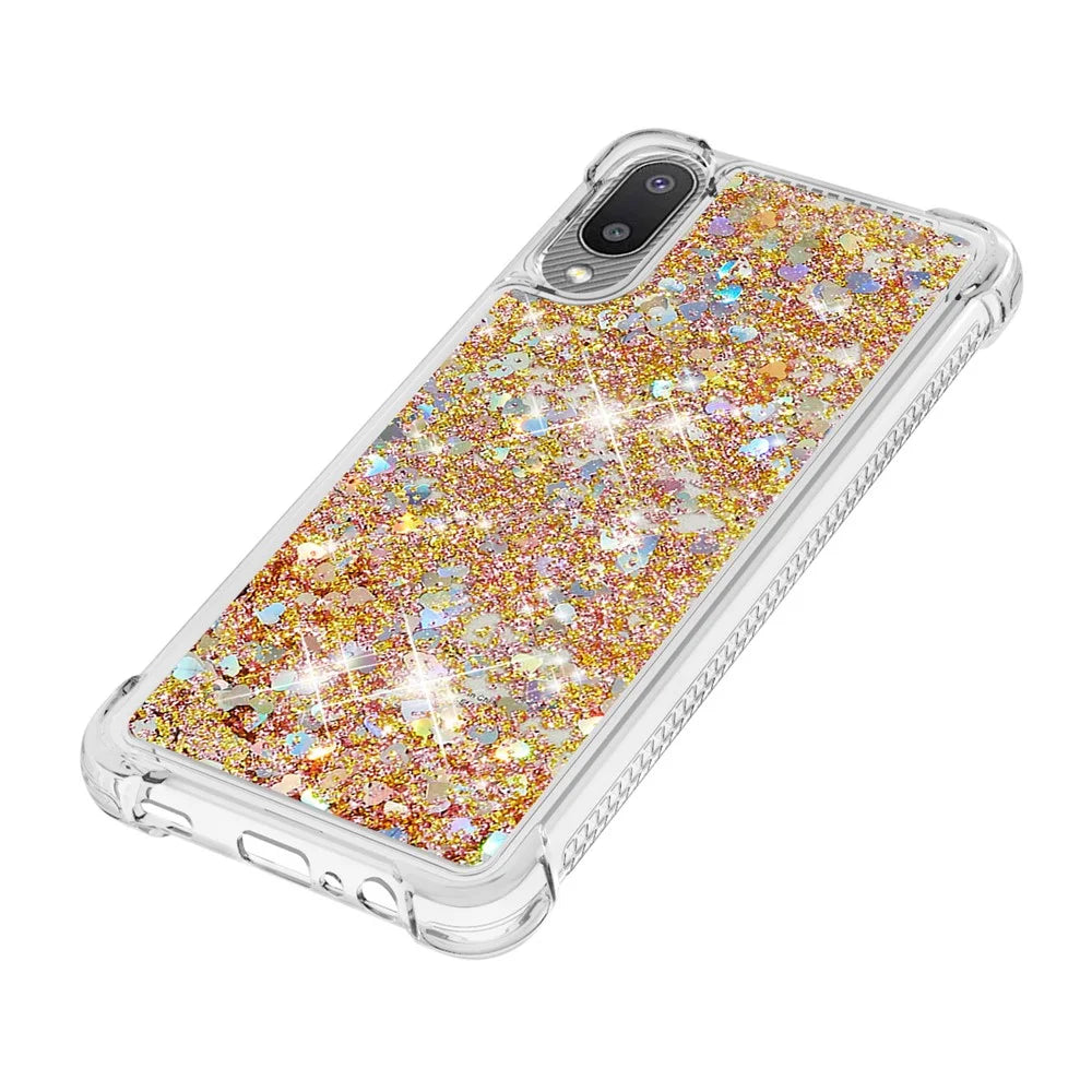 Moving Shiny Quicksand Glitter Reinforced Corners TPU Case for Samsung Galaxy A02 / M02 Phone Cover - Gold Hearts - 2