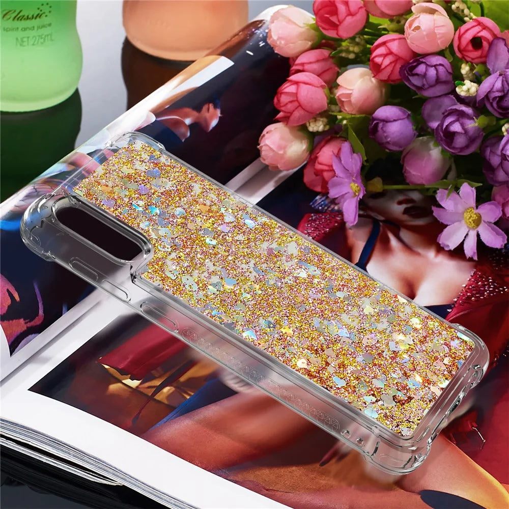 Moving Shiny Quicksand Glitter Reinforced Corners TPU Case for Samsung Galaxy A02 / M02 Phone Cover - Gold Hearts - 3