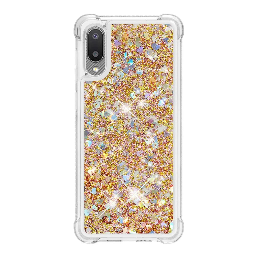 Moving Shiny Quicksand Glitter Reinforced Corners TPU Case for Samsung Galaxy A02 / M02 Phone Cover - Gold Hearts - 4