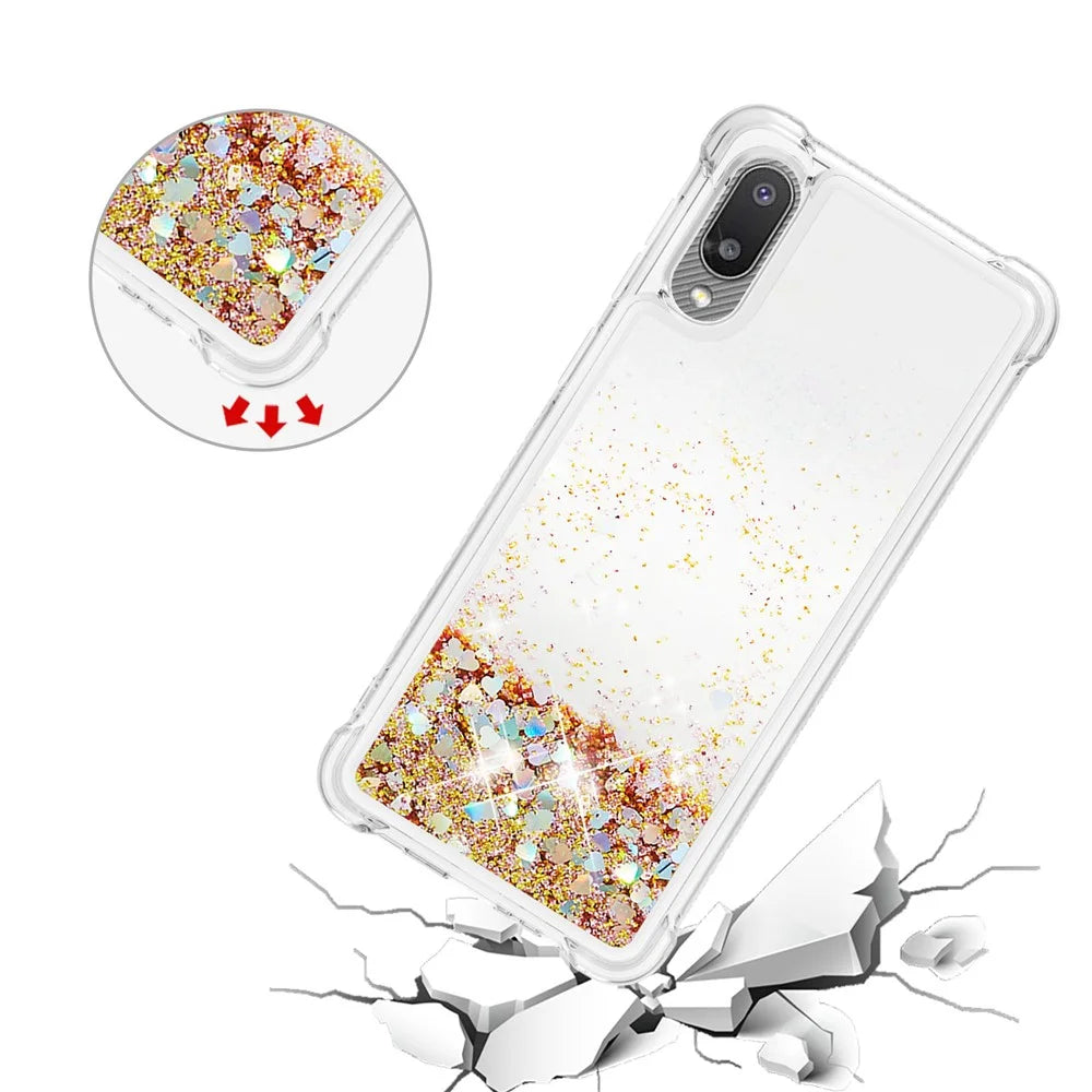 Moving Shiny Quicksand Glitter Reinforced Corners TPU Case for Samsung Galaxy A02 / M02 Phone Cover - Gold Hearts - 5