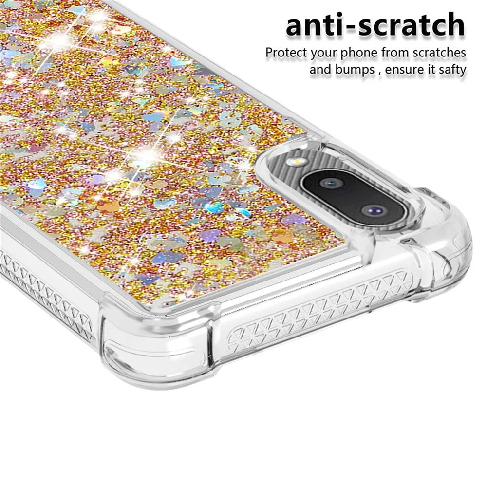 Moving Shiny Quicksand Glitter Reinforced Corners TPU Case for Samsung Galaxy A02 / M02 Phone Cover - Gold Hearts - 6