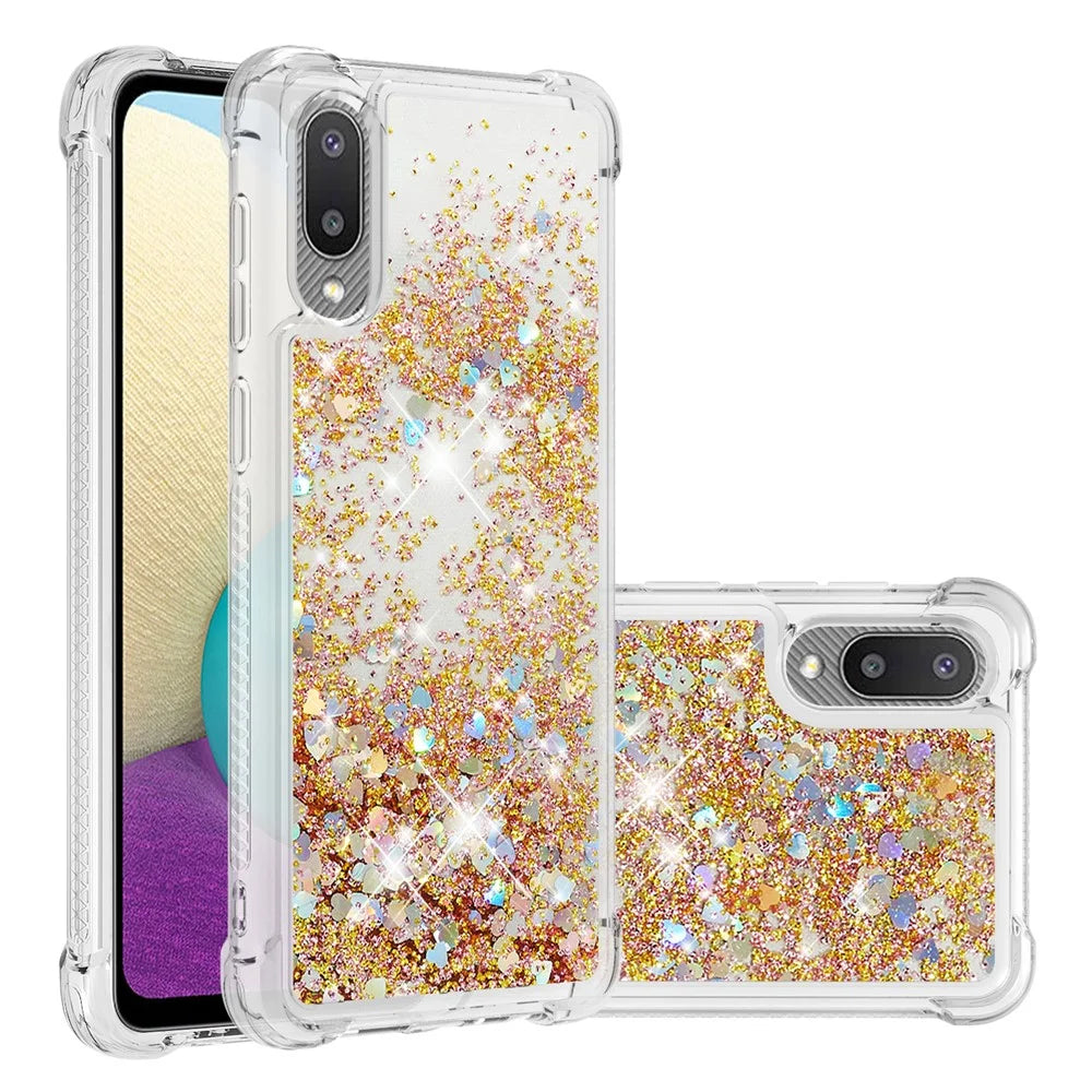 Moving Shiny Quicksand Glitter Reinforced Corners TPU Case for Samsung Galaxy A02 / M02 Phone Cover - Gold Hearts - 7