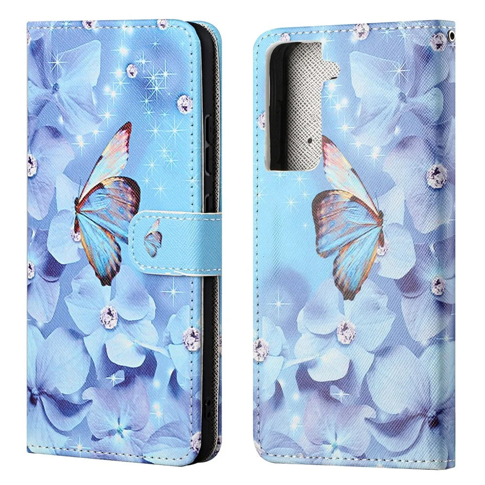 New Pattern Printing Cross Texture Leather Wallet Stand Case for Samsung Galaxy S21 FE - Butterfly and Flower - 1
