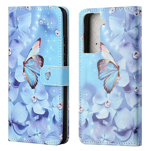 New Pattern Printing Cross Texture Leather Wallet Stand Case for Samsung Galaxy S21 FE - Butterfly and Flower - 1