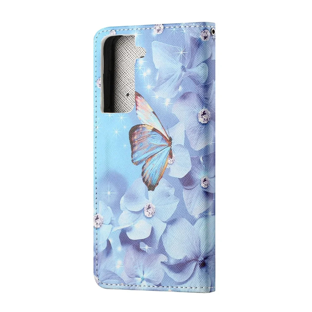 New Pattern Printing Cross Texture Leather Wallet Stand Case for Samsung Galaxy S21 FE - Butterfly and Flower - 3