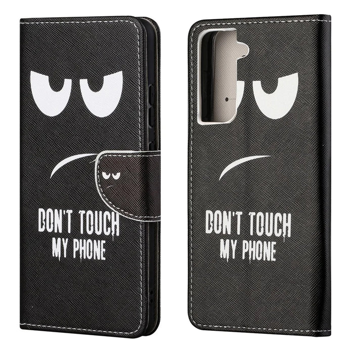 Pattern Printing Cross Texture Leather Wallet Stand Case for Samsung Galaxy S21 FE Cover - Don't Touch My Cell Phone - 1
