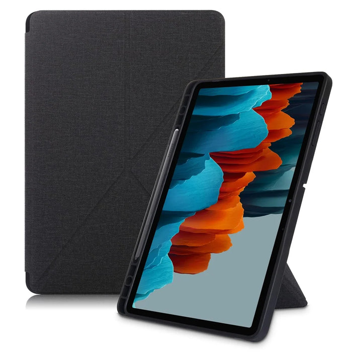 Origami Stand Wake Sleep Smart Leather Case with Pen Holder for Samsung Galaxy Tab S7+ T970 T975 / Tab S8+ - Black - 1