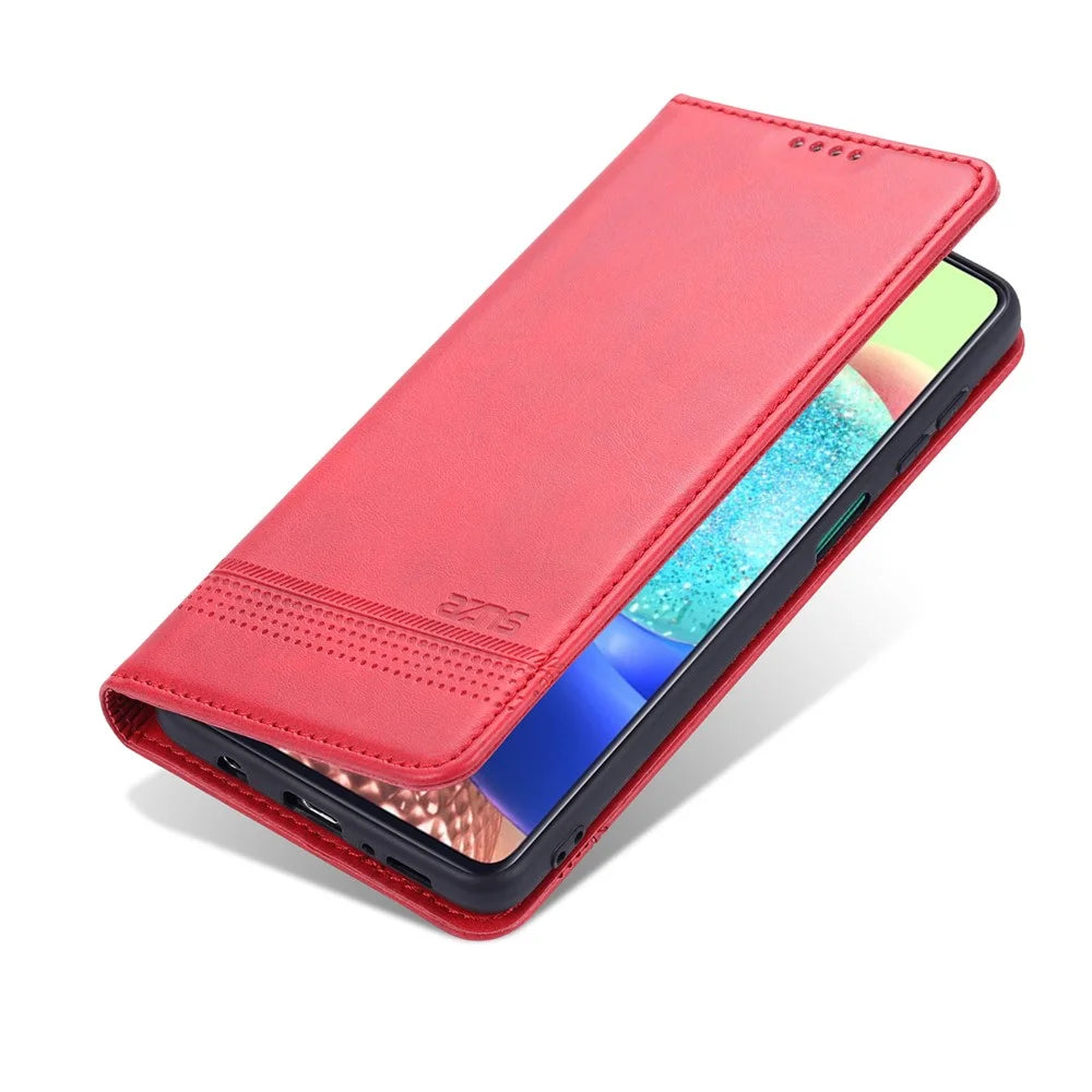 AZNS Wallet Design Auto-absorbed Magnet Well-Protected Leather Stand Mobile Shell Case for Samsung Galaxy F62/M62 - Red - 2