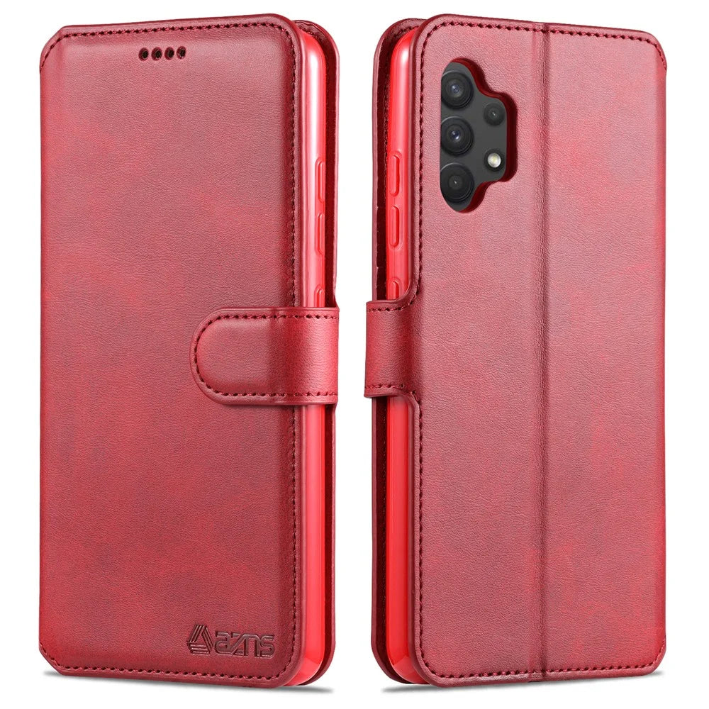 AZNS Wallet Design Leather Shell Phone Stand Cover Case for Samsung Galaxy A32 4G - Red - 1