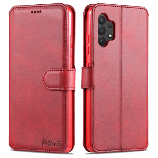AZNS Wallet Design Leather Shell Phone Stand Cover Case for Samsung Galaxy A32 4G - Red - 1