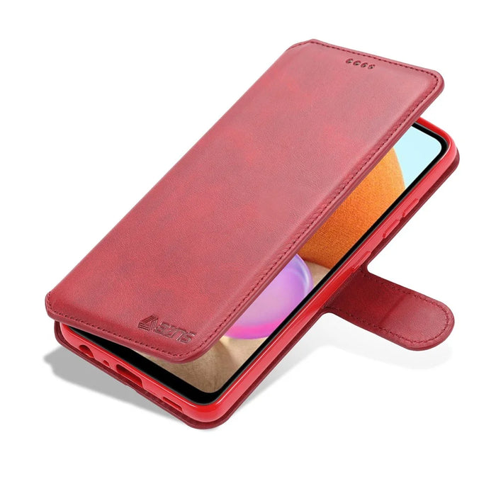 AZNS Wallet Design Leather Shell Phone Stand Cover Case for Samsung Galaxy A32 4G - Red - 2