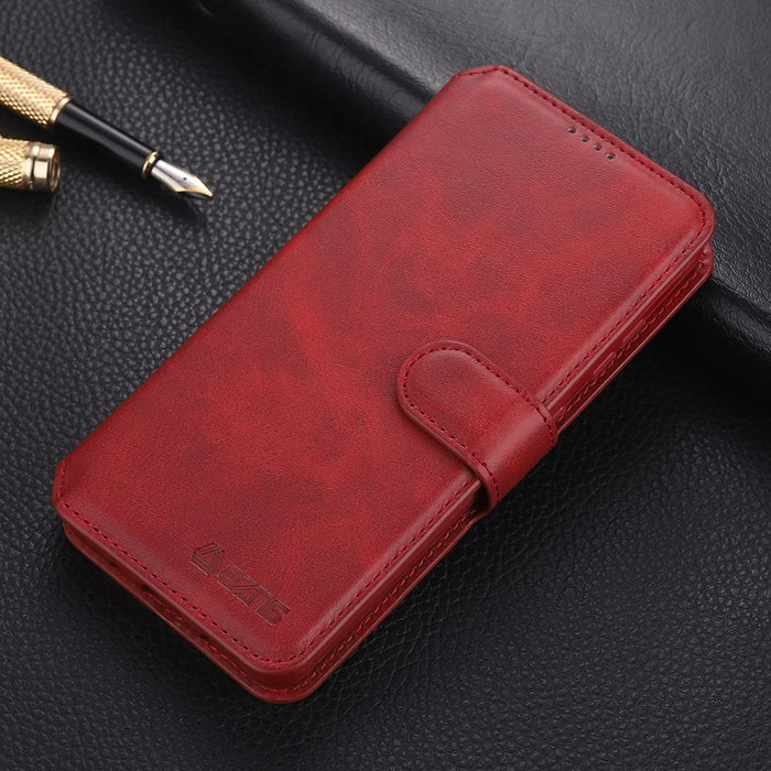 AZNS Wallet Design Leather Shell Phone Stand Cover Case for Samsung Galaxy A32 4G - Red - 3