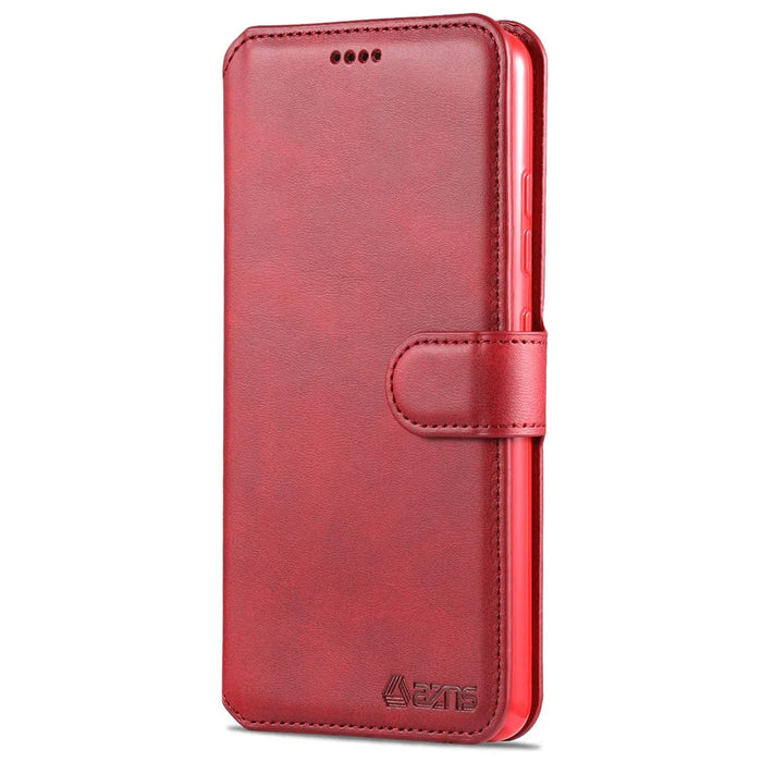 AZNS Wallet Design Leather Shell Phone Stand Cover Case for Samsung Galaxy A32 4G - Red - 4