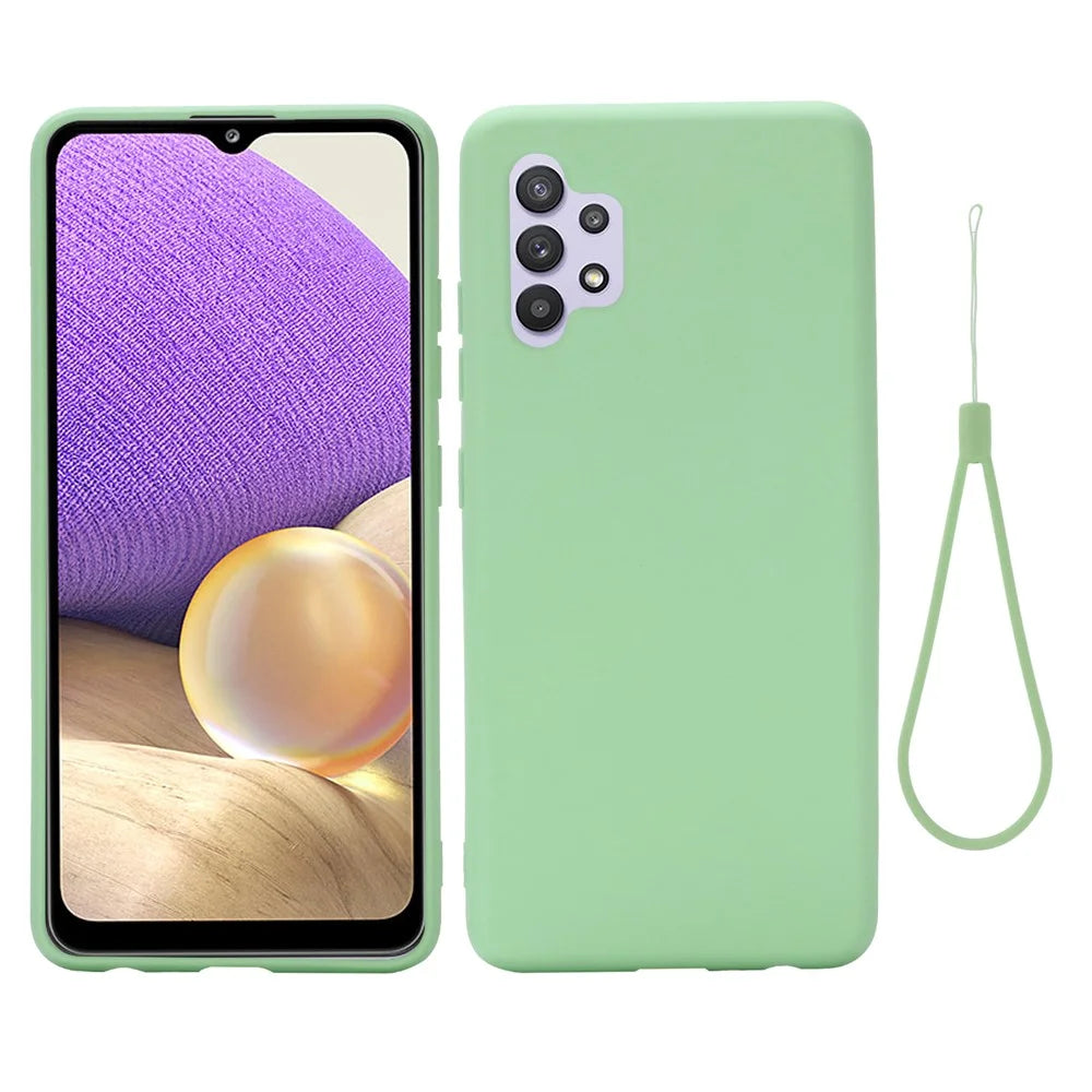 Well-Protected Solid Color Liquid Silicone Phone Protective Shell with Strap for Samsung Galaxy A32 4G - Green - 1