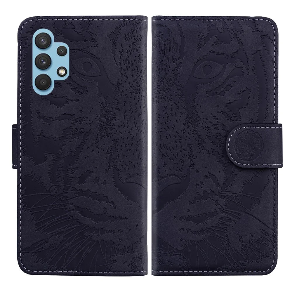 Imprinted Tiger Pattern Leather Wallet Cover Case with Stand for Samsung Galaxy A32 4G (EU Version) - Black - 1