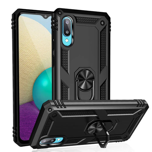 Anti-Fall Mobile Phone Hybrid PC + TPU + Metal Case Cover with Finger Ring Kickstand for Samsung Galaxy M02 / A02 - Black - 1