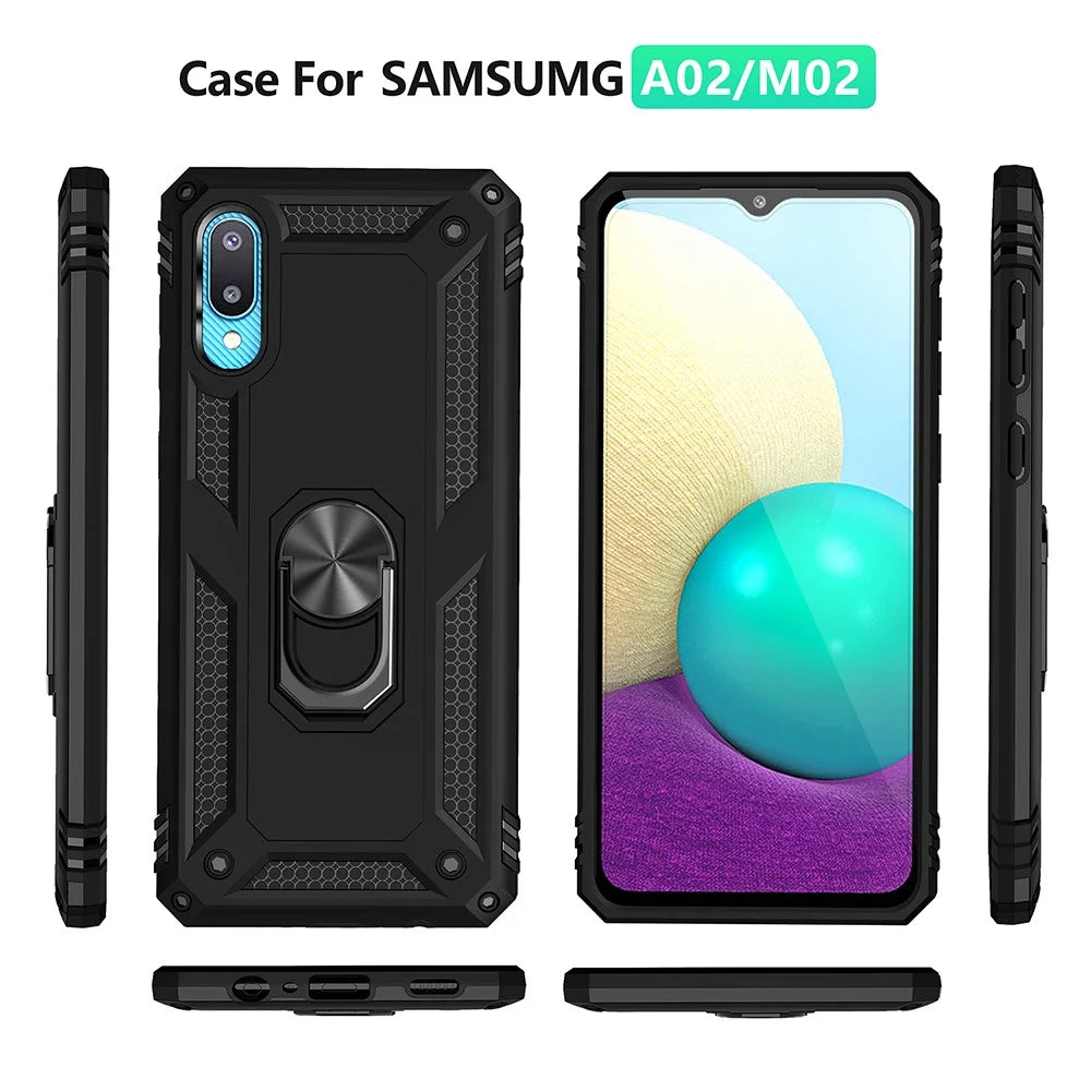 Anti-Fall Mobile Phone Hybrid PC + TPU + Metal Case Cover with Finger Ring Kickstand for Samsung Galaxy M02 / A02 - Black - 7