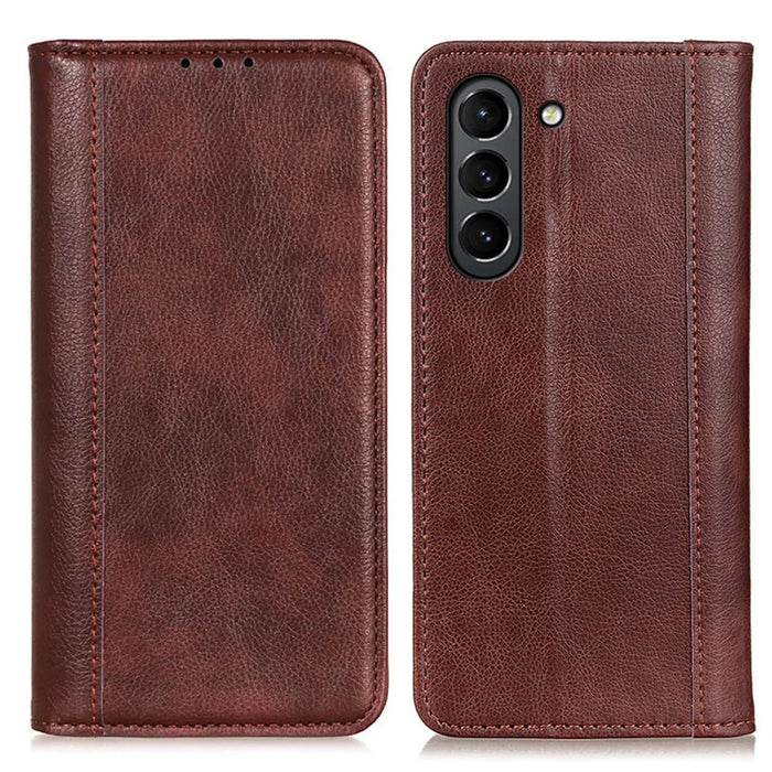Auto-absorbed Litchi Texture Split Leather Wallet Stand Case Cover for Samsung Galaxy S21 FE - Brown - 1
