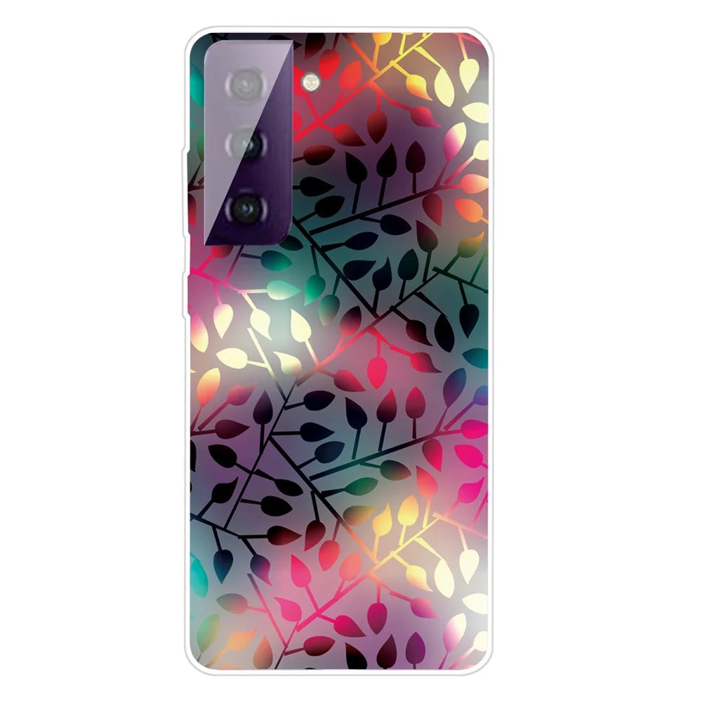Pattern Printing Transparent Background TPU Phone Cover Case for Samsung Galaxy S21 FE - Black Leaf Pattern - 1