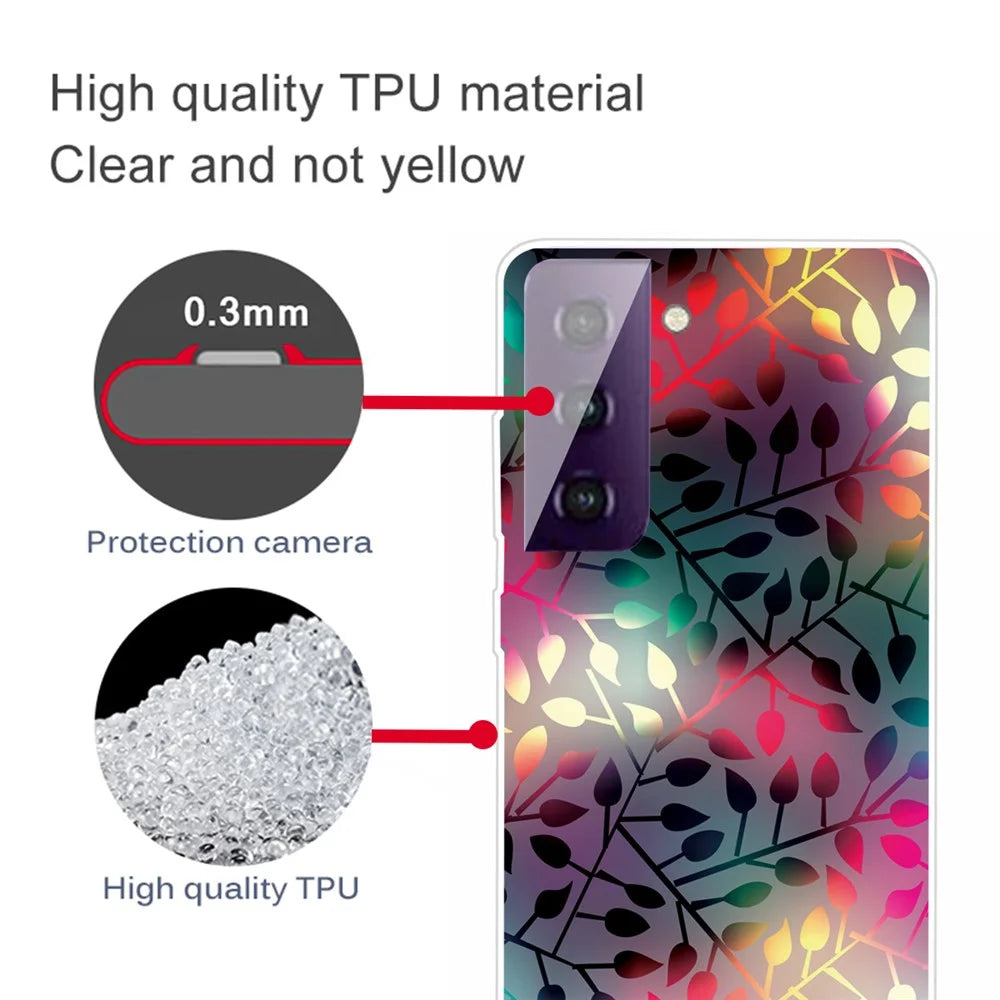 Pattern Printing Transparent Background TPU Phone Cover Case for Samsung Galaxy S21 FE - Black Leaf Pattern - 2