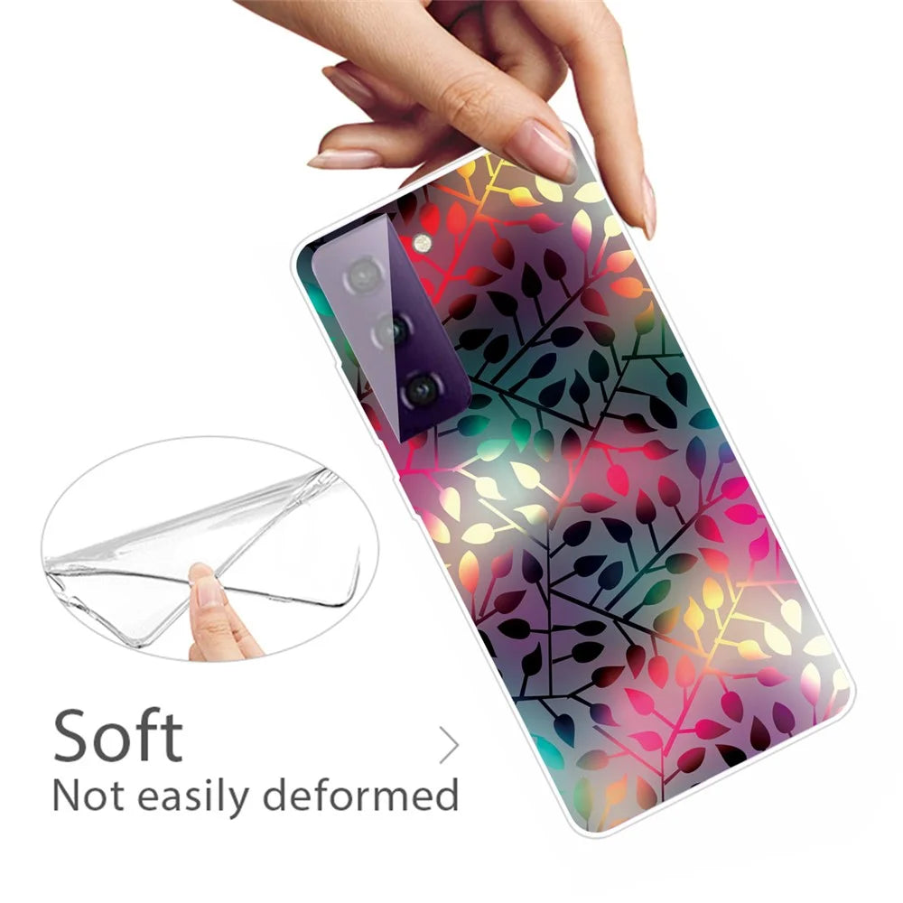 Pattern Printing Transparent Background TPU Phone Cover Case for Samsung Galaxy S21 FE - Black Leaf Pattern - 3