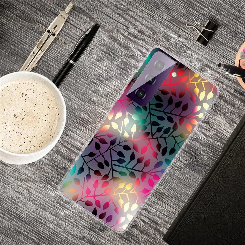 Pattern Printing Transparent Background TPU Phone Cover Case for Samsung Galaxy S21 FE - Black Leaf Pattern - 4
