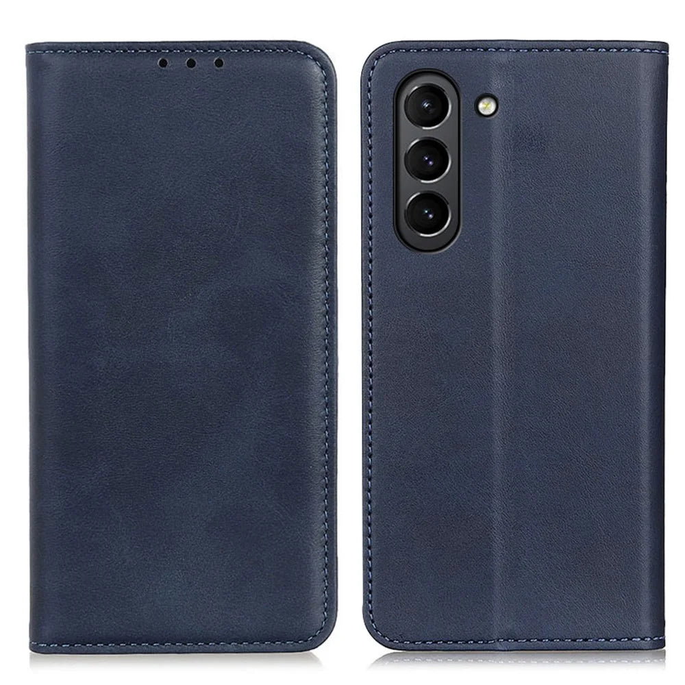 Magnetic Closure Split Leather Phone Case Shell Wallet Stand Cover for Samsung Galaxy S21 FE - Navy Blue - 1