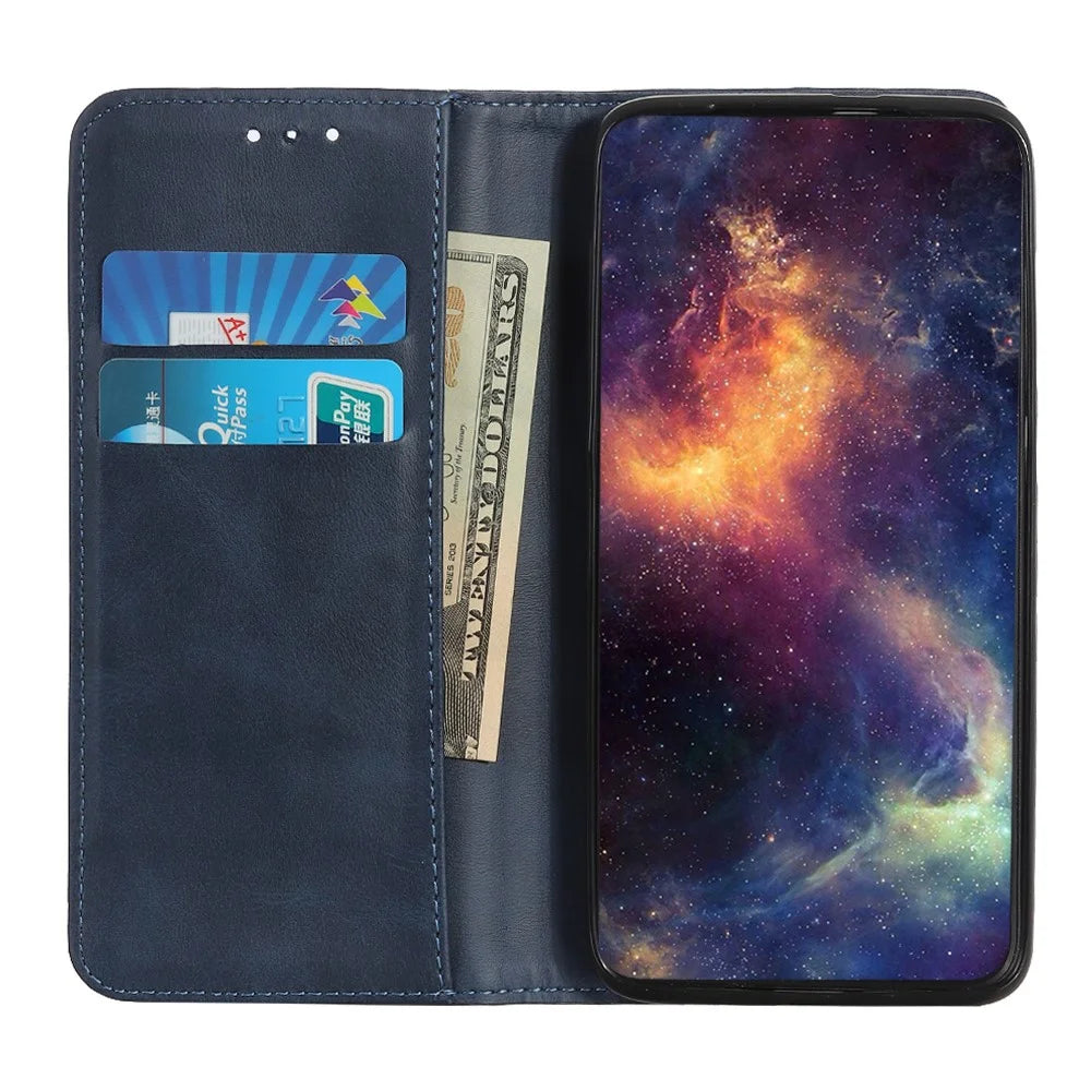 Magnetic Closure Split Leather Phone Case Shell Wallet Stand Cover for Samsung Galaxy S21 FE - Navy Blue - 5