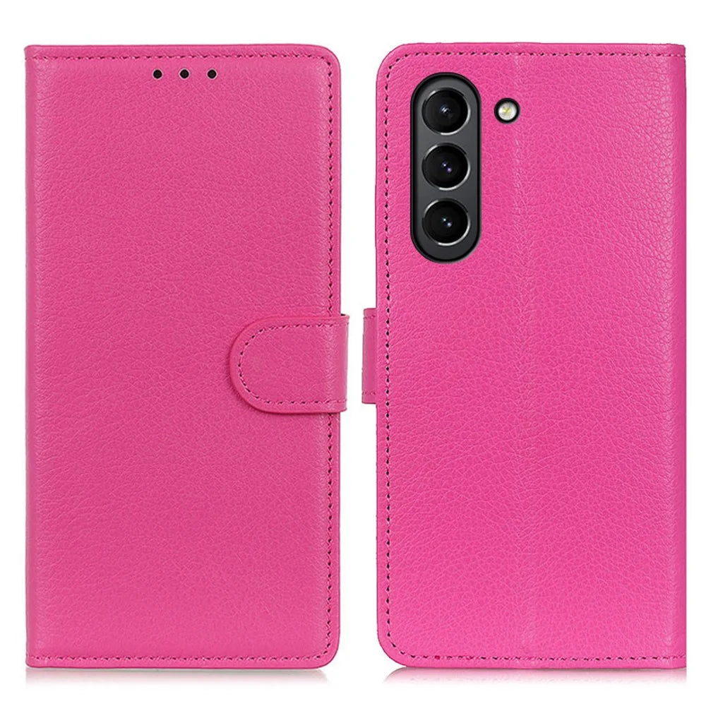 Classic Litchi Texture PU Leather Wallet Phone Stand Case for Samsung Galaxy S21 FE - Rose - 1
