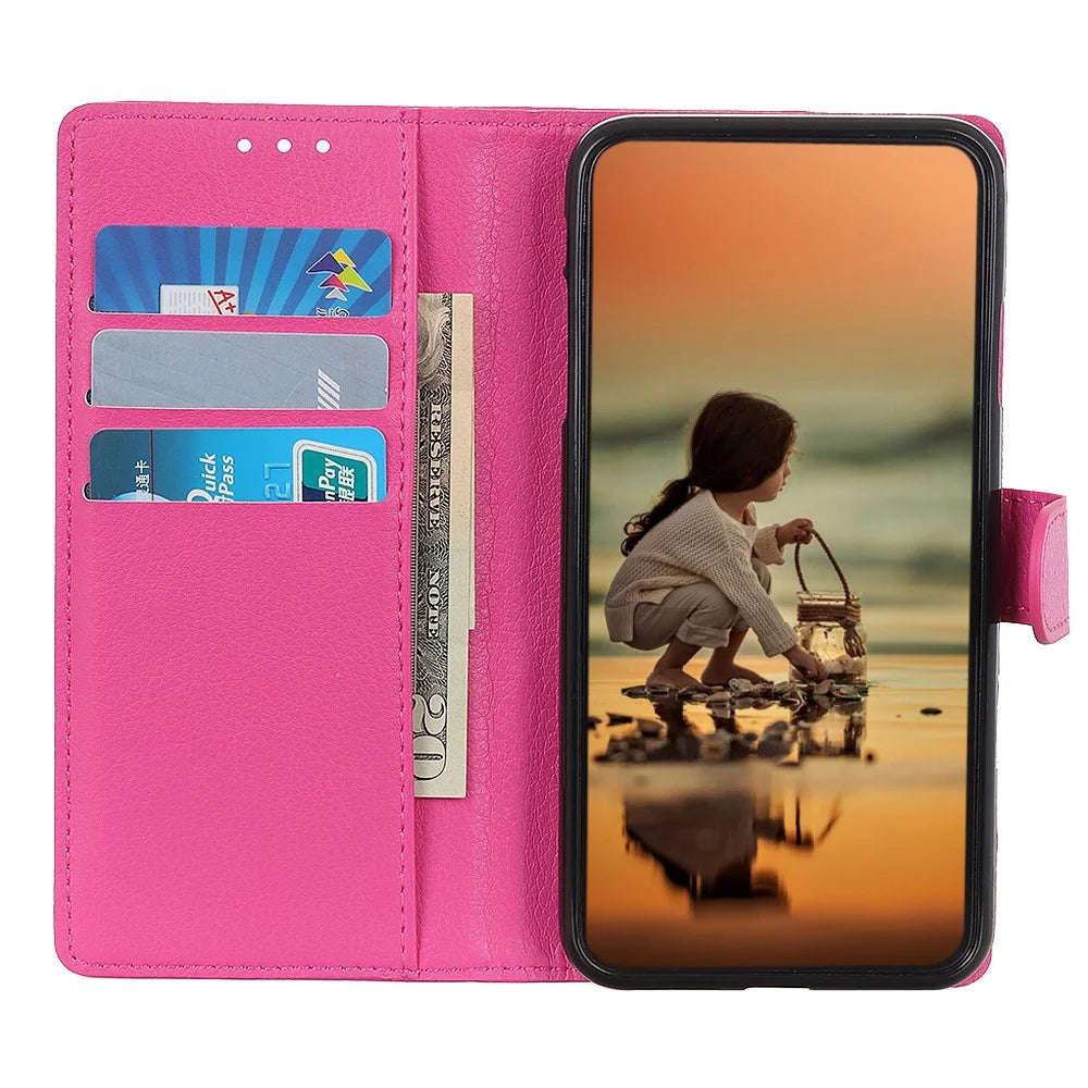 Classic Litchi Texture PU Leather Wallet Phone Stand Case for Samsung Galaxy S21 FE - Rose - 5