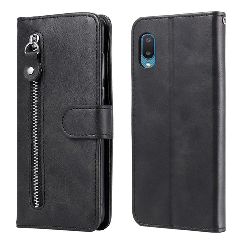 Zipper Pocket Leather Protector Wallet Stand Case for Samsung Galaxy M02/A02 - Black - 1