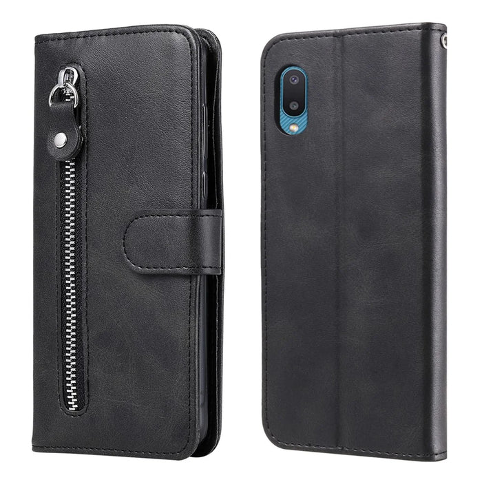 Zipper Pocket Leather Protector Wallet Stand Case for Samsung Galaxy M02/A02 - Black - 1