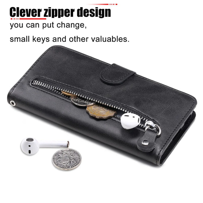 Zipper Pocket Leather Protector Wallet Stand Case for Samsung Galaxy M02/A02 - Black - 3