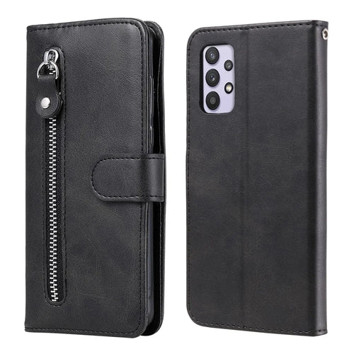 Zipper Pocket Wallet Leather Stand Phone Case Cover for Samsung Galaxy A32 4G (EU Version) - Black - 1